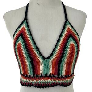 Blue Blush Women Crotchet Knit Halter Cropped Tank Top Festival Boho Size M/L